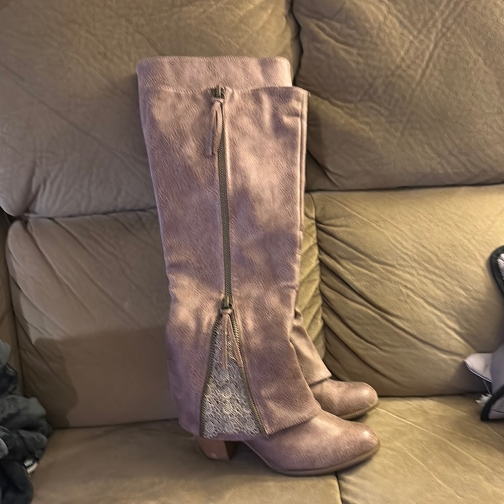 Purple Over the Knee Boots with Slouchy Style and Low Chunky Heel